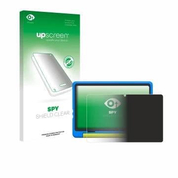 Face avant d’un emballage produit avec le logo de la marque upscreen. À côté, l’appareil Happybe Kids Tablet 10