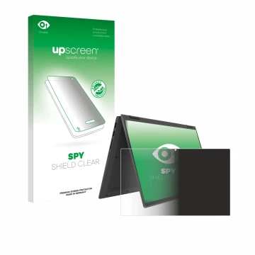 Face avant d’un emballage produit avec le logo de la marque upscreen. À côté, l’appareil Lenovo IdeaPad Flex 5 14ALC05 est rep