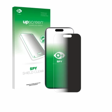 Face avant d’un emballage produit avec le logo de la marque upscreen. À côté, l’appareil Apple iPhone 17 est représenté avec l