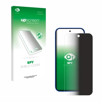 Face avant d’un emballage produit avec le logo de la marque upscreen. À côté, l’appareil Google Pixel 10 est représenté avec l