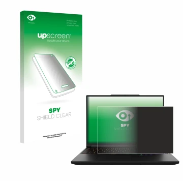 Face avant d’un emballage produit avec le logo de la marque upscreen. À côté, l’appareil XMG Pro 16 est représenté avec la pro