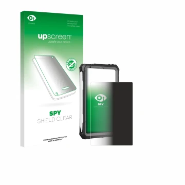 Face avant d’un emballage produit avec le logo de la marque upscreen. À côté, l’appareil Apple iPad Mini 7 2024 (case-friendly