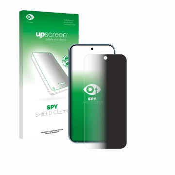 Face avant d’un emballage produit avec le logo de la marque upscreen. À côté, l’appareil Google Pixel 9 (case-friendly) est re