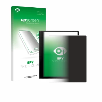 Face avant d’un emballage produit avec le logo de la marque upscreen. À côté, l’appareil eazeye Paper 2.0 est représenté avec 