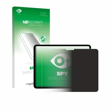 Face avant d’un emballage produit avec le logo de la marque upscreen. À côté, l’appareil Apple iPad Pro 13