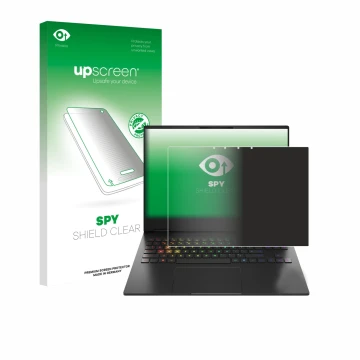 Face avant d’un emballage produit avec le logo de la marque upscreen. À côté, l’appareil HP Omen Transcend 16-u1000nl est repr