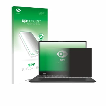 Face avant d’un emballage produit avec le logo de la marque upscreen. À côté, l’appareil MSI Prestige 16 AI Evo B1M est représ