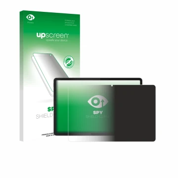 Face avant d’un emballage produit avec le logo de la marque upscreen. À côté, l’appareil Lenovo Idea Tab Plus 12.1