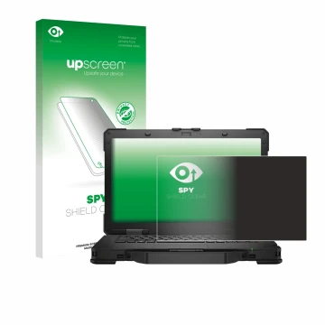 Face avant d’un emballage produit avec le logo de la marque upscreen. À côté, l’appareil Dell Pro Rugged 14 Laptop est représe