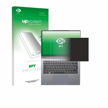 Face avant d’un emballage produit avec le logo de la marque upscreen. À côté, l’appareil Tuxedo InfinityBook Pro 14 Gen 10 est
