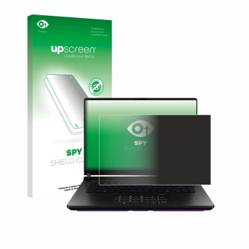 Face avant d’un emballage produit avec le logo de la marque upscreen. À côté, l’appareil ASUS ROG Strix SCAR 18 2025 est repré