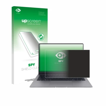 Face avant d’un emballage produit avec le logo de la marque upscreen. À côté, l’appareil Honor MagicBook X14 Plus 2025 est rep