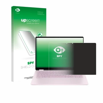 Face avant d’un emballage produit avec le logo de la marque upscreen. À côté, l’appareil HP OmniBook 5 Flip 14 14-fp0153ng est