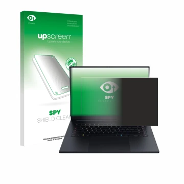 Face avant d’un emballage produit avec le logo de la marque upscreen. À côté, l’appareil Razer Blade 16 2025 est représenté av