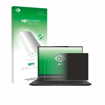 Face avant d’un emballage produit avec le logo de la marque upscreen. À côté, l’appareil MSI Stealth A16 AI+ est représenté av