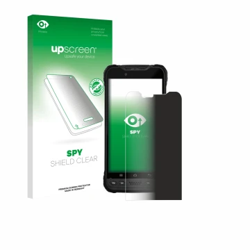 Face avant d’un emballage produit avec le logo de la marque upscreen. À côté, l’appareil Zebra Xplore M60 est représenté avec 