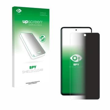Face avant d’un emballage produit avec le logo de la marque upscreen. À côté, l’appareil Oppo A5 est représenté avec la protec