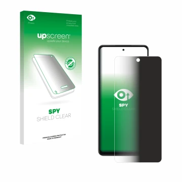 Face avant d’un emballage produit avec le logo de la marque upscreen. À côté, l’appareil Oppo A5x est représenté avec la prote