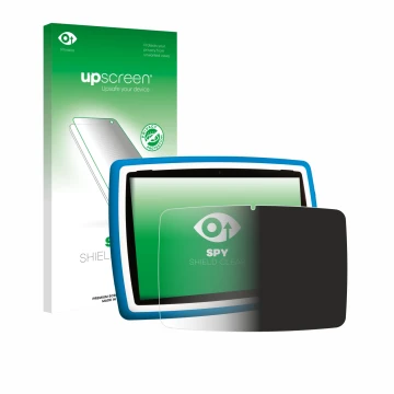 Face avant d’un emballage produit avec le logo de la marque upscreen. À côté, l’appareil Lisciani Mio Tab 10 Tutor XL est repr