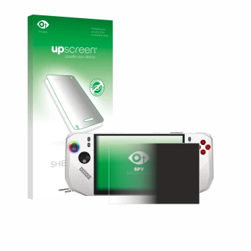 Face avant d’un emballage produit avec le logo de la marque upscreen. À côté, l’appareil MSI Claw A8 BZ2EM est représenté avec