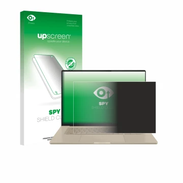 Face avant d’un emballage produit avec le logo de la marque upscreen. À côté, l’appareil ASUS ZenBook A16 UX3607 est représent
