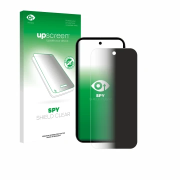 Face avant d’un emballage produit avec le logo de la marque upscreen. À côté, l’appareil Google Pixel 10a est représenté avec 
