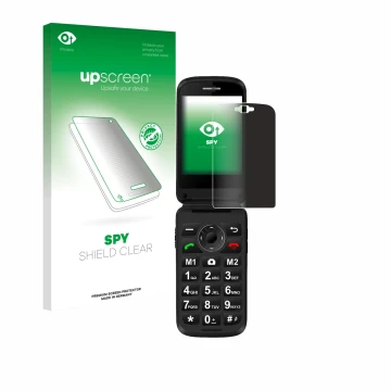 Face avant d’un emballage produit avec le logo de la marque upscreen. À côté, l’appareil Simvalley Mobile XL-970 est représent