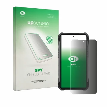 Face avant d’un emballage produit avec le logo de la marque upscreen. À côté, l’appareil Unihertz 8849 Tank 5 est représenté a