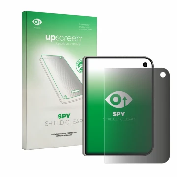 Face avant d’un emballage produit avec le logo de la marque upscreen. À côté, l’appareil Apple iPhone Duo est représenté avec 