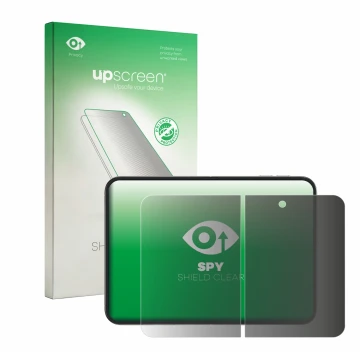 Face avant d’un emballage produit avec le logo de la marque upscreen. À côté, l’appareil Apple iPhone Duo (Affichage interne) 
