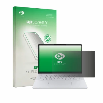 Face avant d’un emballage produit avec le logo de la marque upscreen. À côté, l’appareil Lenovo Googlebook 15 est représenté a