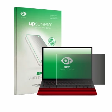 Face avant d’un emballage produit avec le logo de la marque upscreen. À côté, l’appareil HP Scuderia Ferrari Notebook est repr