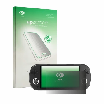 Face avant d’un emballage produit avec le logo de la marque upscreen. À côté, l’appareil Trimui Smart Pro est représenté avec 