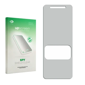 Face avant d’un emballage produit avec le logo de la marque upscreen. À côté se trouve la protection d’écran correspondante.