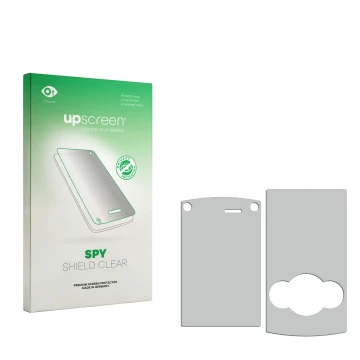 Face avant d’un emballage produit avec le logo de la marque upscreen. À côté se trouve la protection d’écran correspondante.