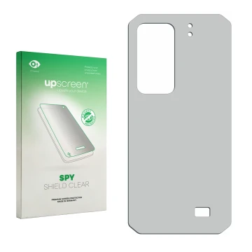 Face avant d’un emballage produit avec le logo de la marque upscreen. À côté se trouve la protection d’écran correspondante.