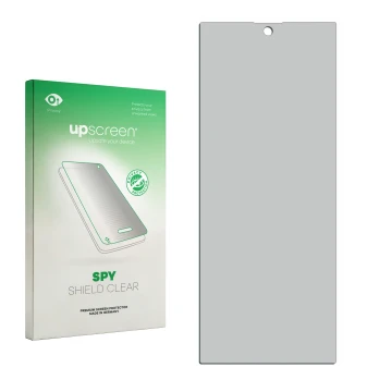 Face avant d’un emballage produit avec le logo de la marque upscreen. À côté se trouve la protection d’écran correspondante.