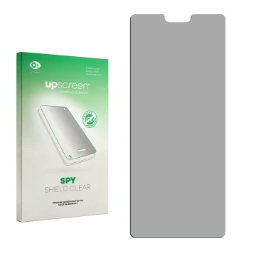 Face avant d’un emballage produit avec le logo de la marque upscreen. À côté se trouve la protection d’écran correspondante.