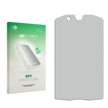 Face avant d’un emballage produit avec le logo de la marque upscreen. À côté se trouve la protection d’écran correspondante.
