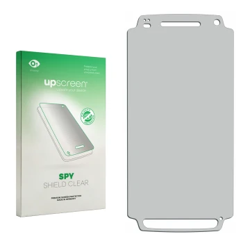 Face avant d’un emballage produit avec le logo de la marque upscreen. À côté se trouve la protection d’écran correspondante.