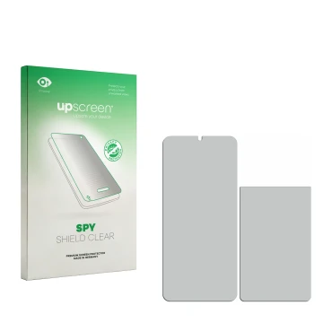 Face avant d’un emballage produit avec le logo de la marque upscreen. À côté se trouve la protection d’écran correspondante.