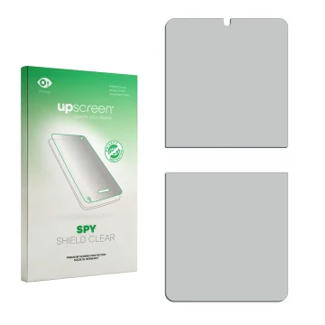 Face avant d’un emballage produit avec le logo de la marque upscreen. À côté se trouve la protection d’écran correspondante.