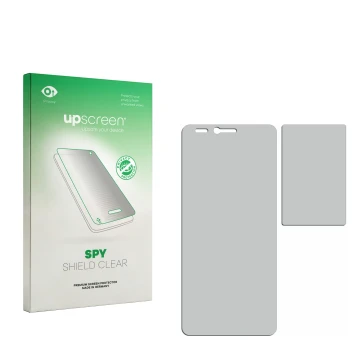 Face avant d’un emballage produit avec le logo de la marque upscreen. À côté se trouve la protection d’écran correspondante.