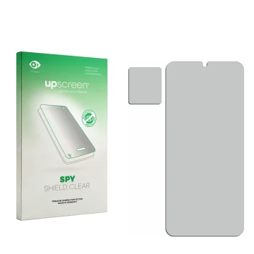 Face avant d’un emballage produit avec le logo de la marque upscreen. À côté se trouve la protection d’écran correspondante.