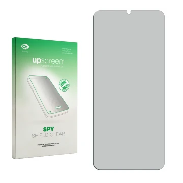 Face avant d’un emballage produit avec le logo de la marque upscreen. À côté se trouve la protection d’écran correspondante.