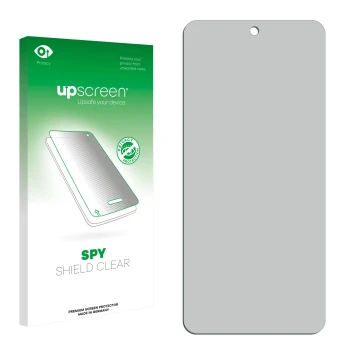 Face avant d’un emballage produit avec le logo de la marque upscreen. À côté se trouve la protection d’écran correspondante.