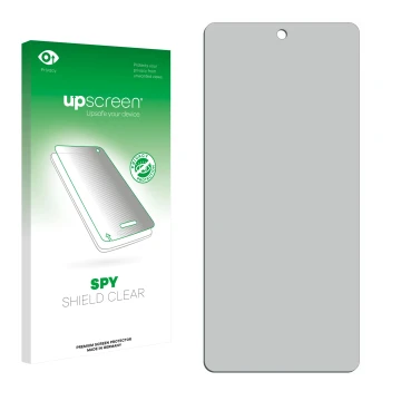Face avant d’un emballage produit avec le logo de la marque upscreen. À côté se trouve la protection d’écran correspondante.