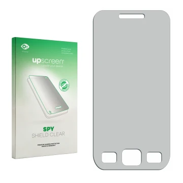 Face avant d’un emballage produit avec le logo de la marque upscreen. À côté se trouve la protection d’écran correspondante.