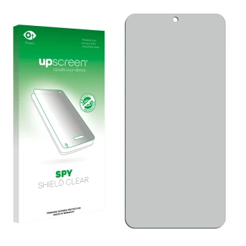 Face avant d’un emballage produit avec le logo de la marque upscreen. À côté se trouve la protection d’écran correspondante.