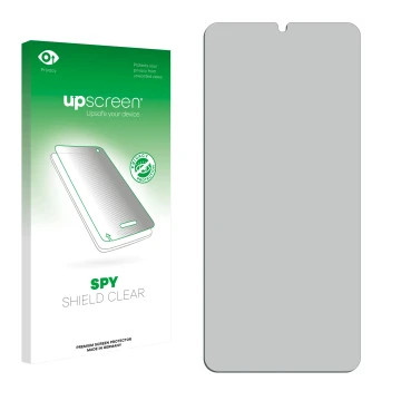 Face avant d’un emballage produit avec le logo de la marque upscreen. À côté se trouve la protection d’écran correspondante.